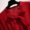 Casual Women Dress Chiffon Elegant Vintage Bow Collar Long Sleeve Autumn Winter Midi Shirt Dresses Solid Slim Clothes Robe 210915