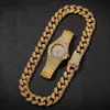 3pcs Necklace +Watch+Bracelet Hip Hop Miami Curb Cuban Chain Gold Full Iced Out Paved Rhinestones CZ Bling For Men Jewelry