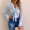 Шифон сексуальные прозрачные рубашки женские вершины и блузки женская осень рубашка белый офис Chemise Lady Dot Mesh Top Femme 210526