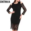 Largura Senhoras Vintage Vintage Black Lace Dress Oco Out Sexy O-pescoço Retro Vestidos Feminino Elegante Vestidos Slim Vestidos S M L XL XXL 210527