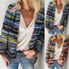 Vrouwen elegante multicolor print gebreide vest trui 2021 herfst winter lange mouw jas tops dames casual pocket truien