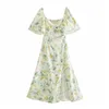 Floral Print Midi Dress Women Cottagecore V Neck Short Sleeve Summer Long es Ladies Chic Waist Cut Out Sexy 210519