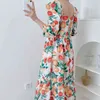 Elegant Floral Print Square Collar Long Sleeve Midi Dress Fashion Backless Arrival Elastic Empire Waist Holiday Party Tops 210521