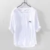 Summer Cotton Linen Patchwork T Shirt For Men Chest Little Whale Embroidery Fashion Short Sleeve Tshirt Loose Tee&Tops 210601