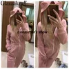 Glamaker Pink Casual Langarm Lange Overall Strampler Frauen Reißverschluss Fitness Winter Kapuze Overall Herbst Outfits 211119