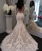 Chic Illusion Long Sleeves Lace Mermaid Wedding Dresses Bride Champagne Tulle Appliques Court Train V Neck Bridal Formal Gowns Button Back Sheer See Through