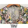 Traf Women Fashion Floral Print Button-Up Blouses Vintage Rapel Collar Short Sleeve Beach Female Shirts Chic Tops 210415