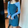 Sexy Women Knit Party Dress Patchwork Color Fashion Bodycon Mini Abiti corti Ragazza Chic Ruffles Back Bandage Vestidos 210601