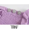 TRAF Moda Moda Com Botões Smocked Elastic Cropped Crown Malha Sweater Spruff Manga Ruffled Fêmea Pullovers Chique Tops 210415