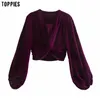 Toppies Vintage Viola Rosso Velluto Camicette Top Donna Lantern Sleeve Knot Camicie Eleganti Ladies Top Abiti di moda 210412