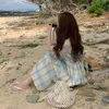 Élégant Midi Plaid Dres Casual Designer Slim Coréen Femme Summer Party Vintage Beach Dames Vêtements 210604