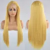 Brazylijskie mieszane blond żółty kolor długie proste pełne peruki ludzkie włosy odporne na ciepło bezskrowane syntetyczne koronkowe peruki dla czarnych kobiet