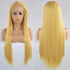 Braziliaanse gemengde blonde gele kleur lange rechte volledige pruiken menselijk haar hitte resistent gluessieve synthetische kanten voorpruiken voor zwarte damesfact