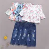 1-5Y Toddler Baby Kid Girls Flower Clothes Set Long Sleeve Ruffles Tunic T shirt Tops Denim Pants Autumn Winter Costumes 210515