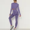 Damskie Dwuczęściowe Spodnie Bez Szwu Kobiety Zestaw Z Długim Rękawem Top Belly Control High Paist Sport Legginsy Gym Ubrania Dziewczyny Dres Sport Suit Sportwear