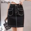 Mini Saia Mulheres Oversized Cintura Alta Lazer Coreano Preto Uma Linha Denim Saias Curtas Harajuku Faldas Jupe Femme 210506