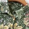 Frauen Vintage Floral Blätter Drucken Falten Grün Midi Hemd Kleid Weibliche Chic Flare Hülse Casual Kimono Vestido DS8185 210416