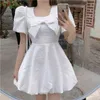French Style Chic Bowknot Puff Sleeve White Summer Dress Women Korean Casual Beach Holiday Party Sweet Fairy Robe Vestidos 210514