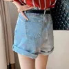 Été Femmes Vintage Large Jambe Haute Taille Bleu Denim Shorts Casual Femelle Lâche Solide Couleur Noir Jeans 210430