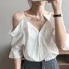 PERHAPS U Women Summer White One-Shoulder Sling Shirt Off-Shoulder V-Neck Single-Breasted Half-Sleeve Female Tops B3074 210529