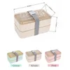 Tarwe Straw Lunchbox Dubbellaags Thermische isolatie Bento met tas Microgavable Food Container Compartimenten 210423