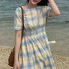 Elegant Midi Plaid Dres Casual Designer Slim Korean Female Summer Party Vintage Beach Ladies Clothing 210604