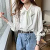 Kadın Moda Sonbahar ve Kış Kore Saten Şifon Gömlek Yay Gevşek Uzun kollu Tops Katı Renk Bluz P383 210527