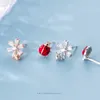 Brillant Zircon Blooming Fleur Rouge Émail Mignon Beetle Boucle D'oreille Pour Les Femmes 925 En Argent Sterling Asymétrie Oreille Pin Bijoux 210707