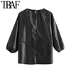 Women Fashion Faux Leather Patchwork Loose Blouses Vintage O Neck Three Quarter Sleeve Female Shirts Chic Tops 210507