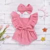 Bomull Barnflicka Kläder Sommar Dubbel Gaze Barn Ruffle Romper Jumpsuit Headband Rosa Playsuit För Född 210816