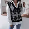 Mode diamant en forme de col en V décontracté lâche tricot gilet pull femme sans manches pulls tricotés pour femmes High Street 210508