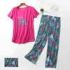 Große Größen Mom Pyjamas Set Große Weibliche Sexy Kurzarm T-shirt Lange Hosen Mode Hause Nachtwäsche 210830