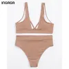 INGAGA Sexy Bikinis taille haute maillots de bain femmes maillots de bain Push Up Biquini côtelé maillots de bain noir col en v Bikini ensemble 210407