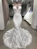 Robes de mariée sirène en dentelle Robe nuptiale avec bretelles spaghetti appliqués sur mesure plus taille en cœur décolleté plage de plage de balayage vestidos de novia 403 403