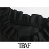 TRAF Women Fashion Patchwork Ruffled Cropped Stickad Sweater Vintage High Neck Långärmad Kvinna Pullovers Chic Toppar 210415