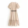 Elegant Deep V Neck Midi Dress Puff Short Sleeve Pleated With Belt Solid Casual Ladies es Vestidos Mujer 210508