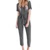 Jumpsuits Mulheres Macacão Escritório Desgaste Macacões Para As Mulheres Listrado Casual Jumpsuit Curto De Mangas De Algodão De Mangas Plus Size Belt Loose M