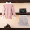 Złote podwójne breasted Tweed 2 Sztuka Wiosna Kobiety Sweet Bow Tie Kołnierz Knitshirt Top + Mini Plaid Ołówek Spódnica Zestaw 210416