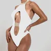 Dames badmode sexy uitgesneden vrouwen een stuk glanzende riem zwart wit bodysuit 2021 maillot de bain femme une