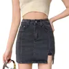 Elastic slit high waist denim skirt female retro Short jeans a-line bag hip summer Korean fashion women's clothing 210520