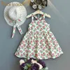 Meninas bebê floral impressão vestidos verão crianças meninas flores princesa vestidos crianças suspensórios de suspensórios com chapéus 210429