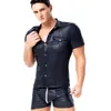 Leather Moto Black Shirts Men Sexy Wetlook Fitness Tops Gay Shirt Mens Stage Turn-downNeck Casual Clothes Club Wear Men's