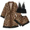 Leopard print three piece bathrobe sling milk silk sexy and charming women's home thin home clothes 211202