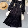 Neploe Französisch Stil Oansatz Chic Paneled Patchwork Kleid Puff Sleeve Schlanke Taille Elegante Vestidos Vintage Mode Samt Kleider 210423