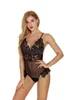 Women's Jumpsuits & Rompers V-neck Spaghetti Strap Women Eyelash Lace Sexy Bodycon Bodysuit Patchwork Transparent Mesh Tight Romper Hollow S