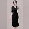 Elegant Black Office Lady Dress Summer Short Sleeve V-neck Simple Party Dresses Women Korean Chic Mermaid Dress 210514