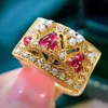 Vintage Luxury Layered Pearl Red Crystal Zircon Diamonds Gemstones Rings for Women Gold Color Jewelry Party Accessories Bijoux