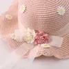 여름 소녀 아이들 2 조각 세트 밀짚 모자 + 핸드백 꽃 바이저 모자 파나마 Gorros 아이 아기 태양