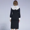 Spring Elegant Ladies Office Dress Women Lantern Sleeve Vintage Lace Stitching Collar Vestidos 210520