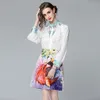 Women Summer Designer Lantern Sleeve Stand Collar Ruffles Shirt Top + Hight Waist Phoenix Printed Mini Skirt Two Piece Set 210514